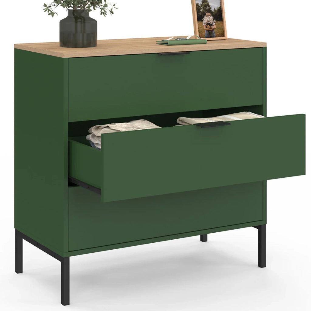 IDMarket - KELIA 80 cm cassettiera a 3 cassetti verde cachi con piano in legno