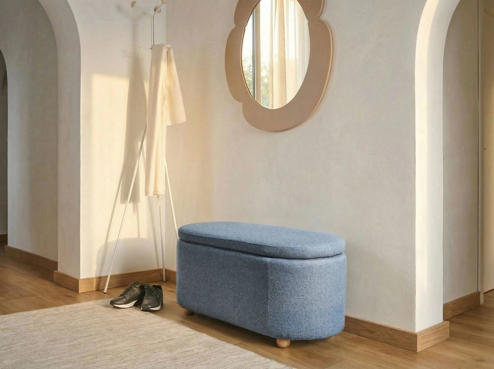Panca contenitore in tessuto blu con finitura idrorepellente Pouf imbottito con contenitore Seduta per corridoio