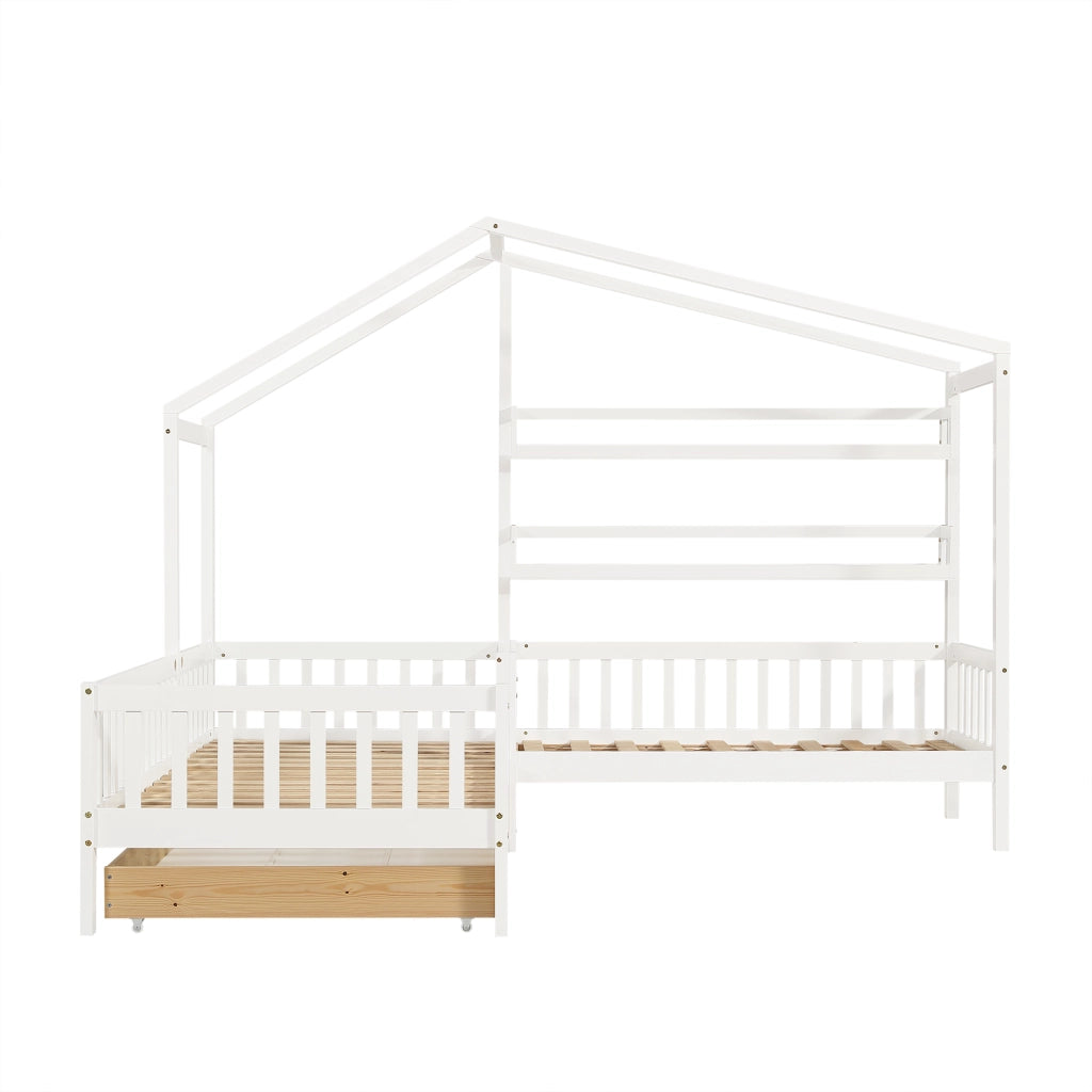Letto casetta per bambini 200 × 90 cm e 140 × 70 cm con barriera; cassetto e 2 mensole; senza materasso