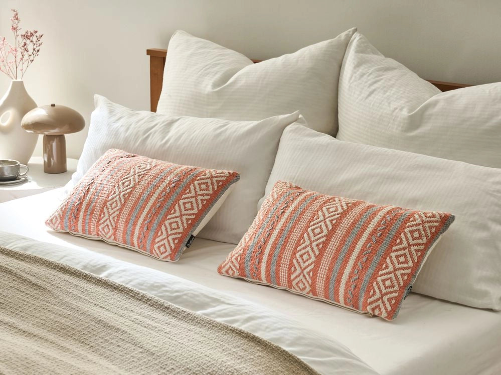 Set di 2 cuscini in cotone arancione bianco grigio 30 x 50 cm motivo geometrico nappe retrò boho