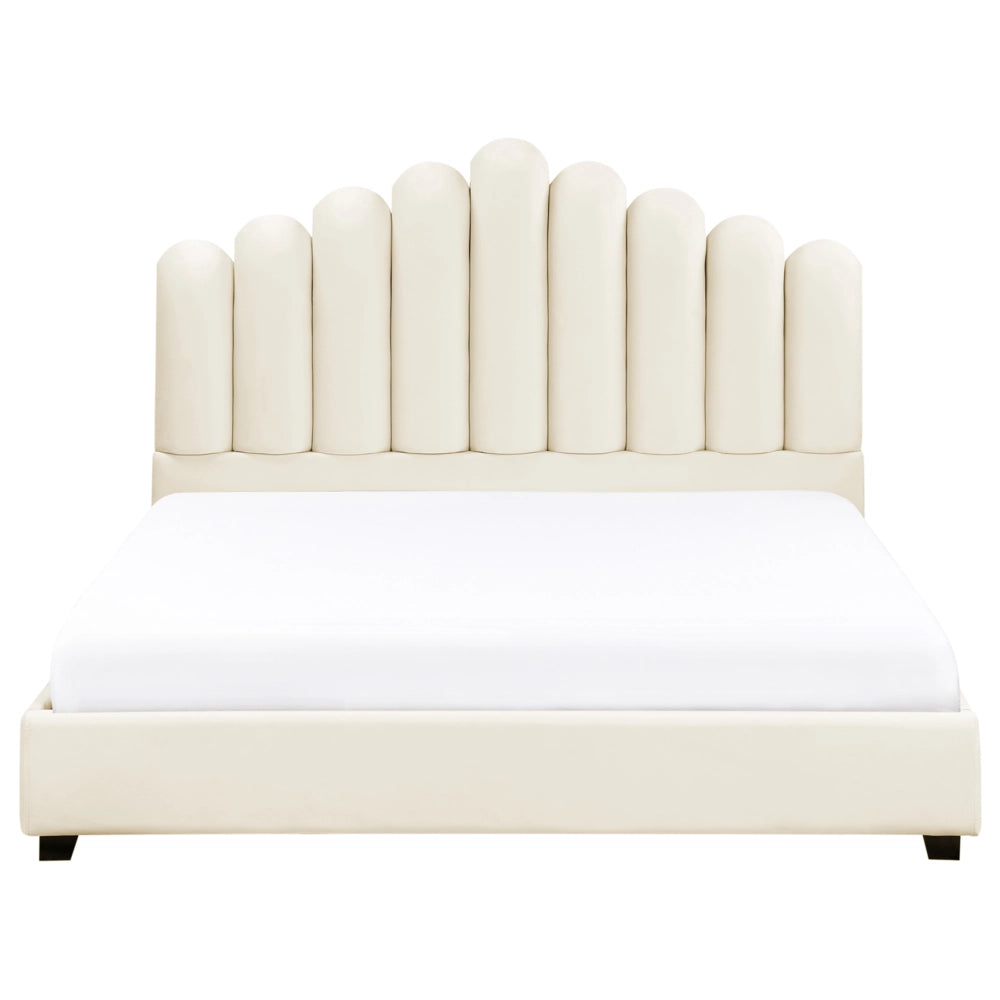 Letto matrimoniale rete a doghe velluto bianco sporco 140 x 200 testiera a conchiglia