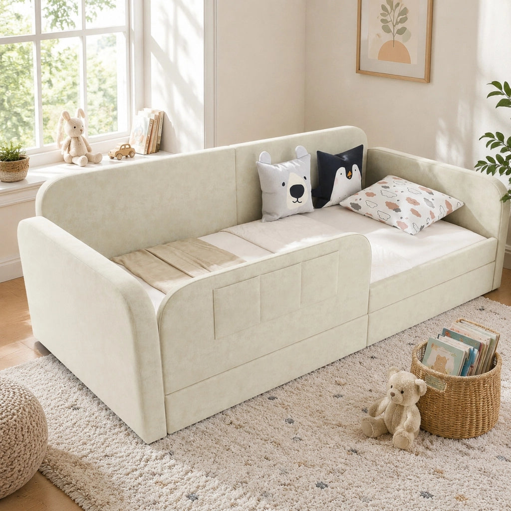Letto singolo imbottito 90x200 cm con cassetti, bianco