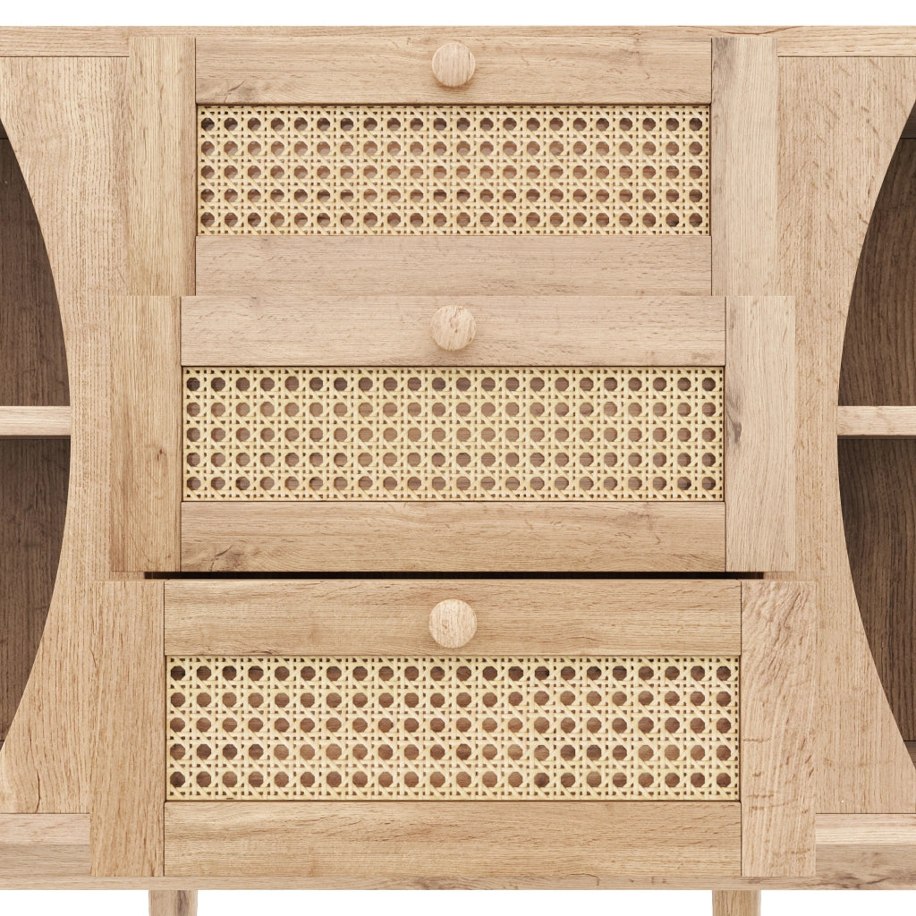 Credenza con 2 Ante Scorrevoli; 3 Cassetti in Rattan; Ripiani Regolabili; Piano Arrotondato; Stile Naturale; 140;5??40??76 cm