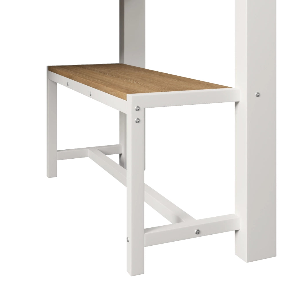 Letto a soppalco singolo 90×200 cm con LED; scrivania e ripiani; senza materasso; metallo; bianco