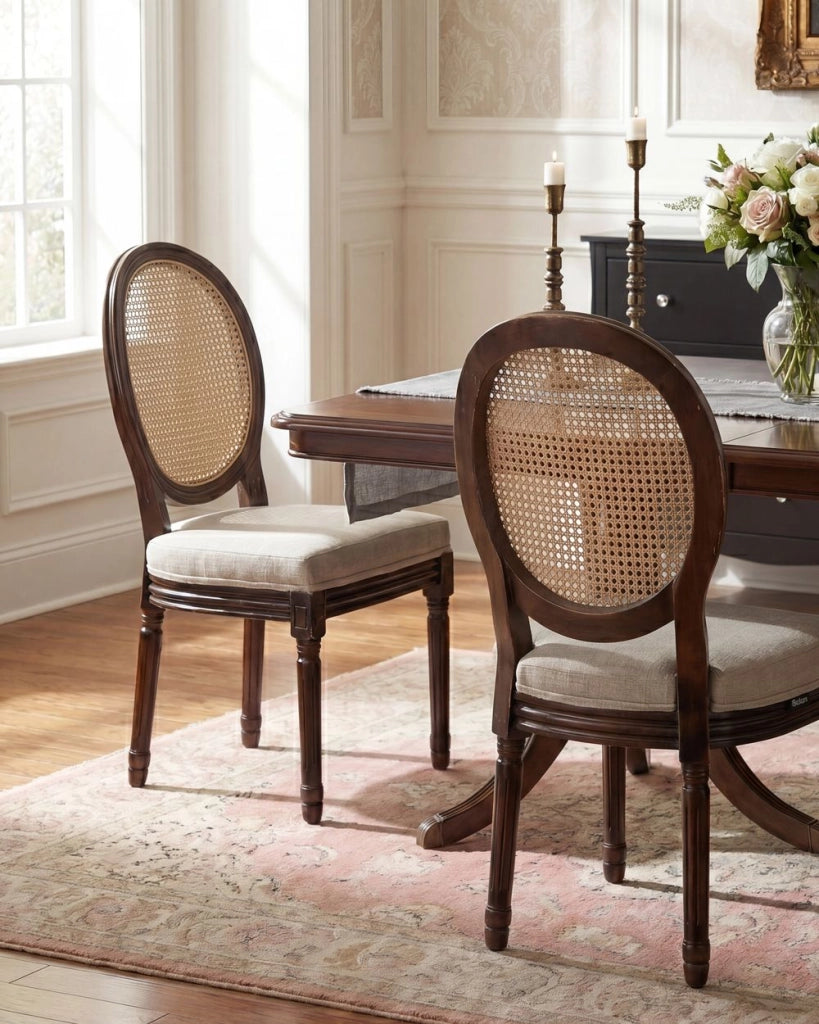 Set di 2 sedie da pranzo con struttura in legno e rivestimento in tessuto marrone scuro e beige in stile country con intreccio viennese
