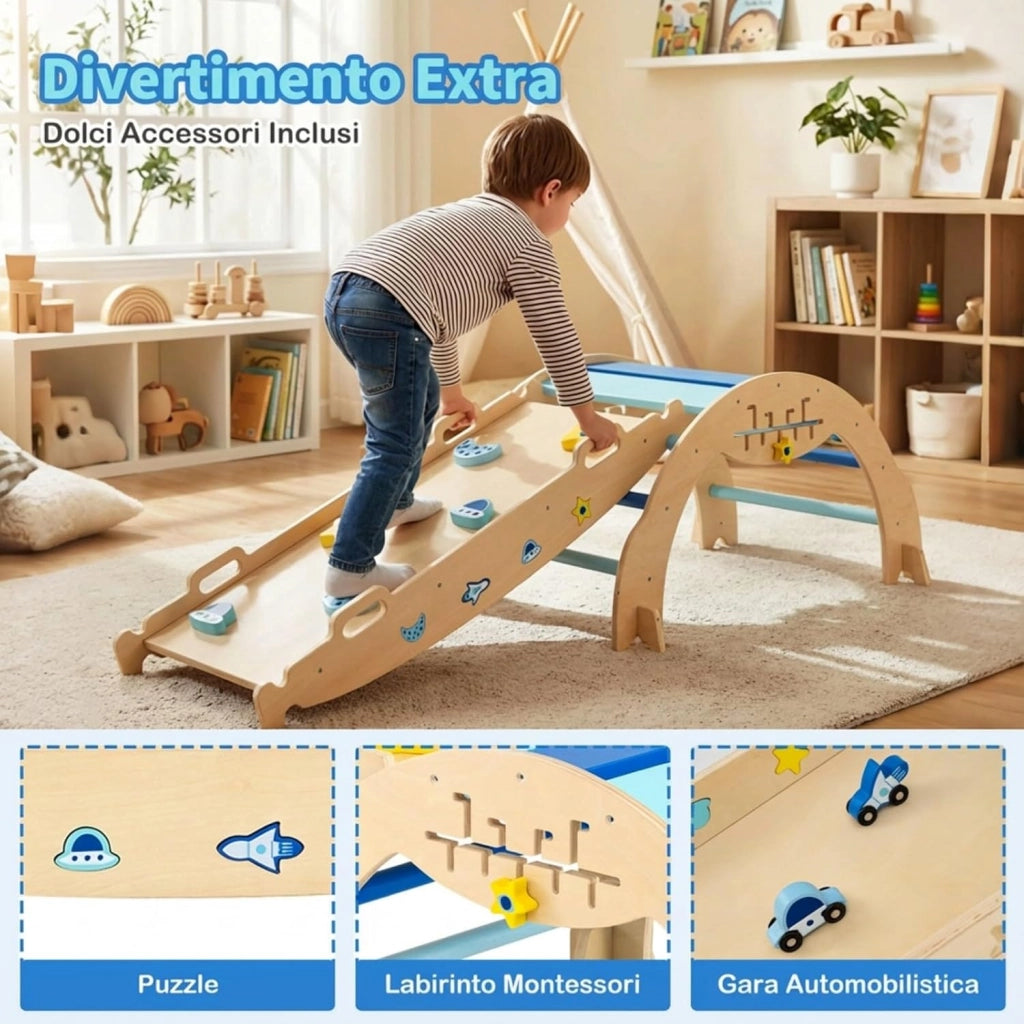 Set da Arrampicata per Bambini, Set Montessori Pieghevole con Arco, Rampa e Scalatore, Giochi da Arrampicata con Blocchi e Gioco del Labirinto, 1 Anni + (Astronauta 3 pezzi, Blu)