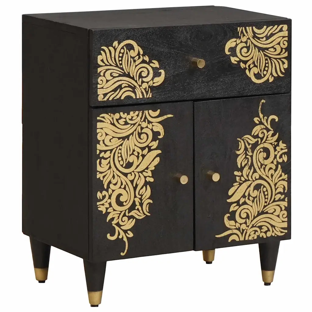 Comodino | Armadio da Notte | Mobiletto da notte con porta Nero 50 x 33 x 60 cm Legno di mango massello
