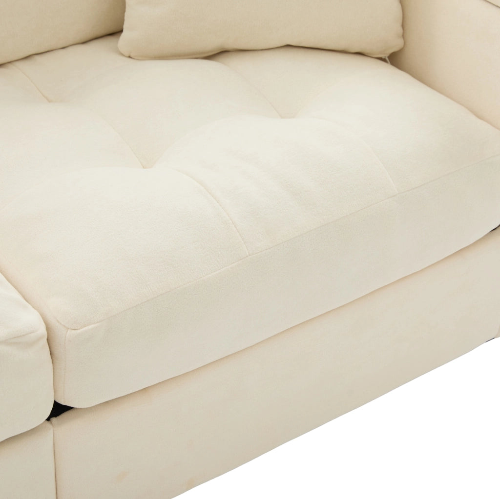 Divano a 2 posti beige in ciniglia con braccioli contenitore e cuscini per spazi ridotti