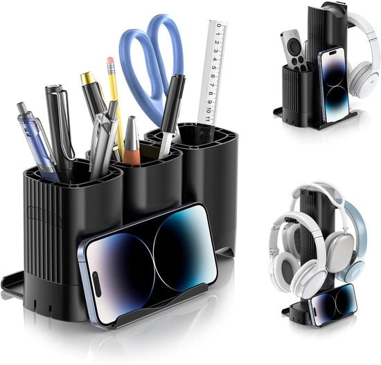 Penholder per Ufficio con Registrello per Cappelliera, 2-in-1 Organizzatore per Pennarelli & Supporto per Cuffie con Supporto per Smartphone, Pen Opbergbureau per Ufficio Scuola Casa DIY Funzionale