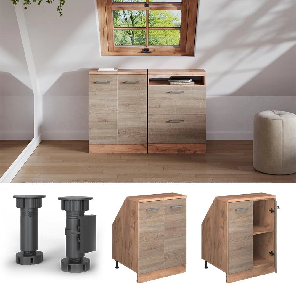 Mobile sottotetto Rion, Sonoma, 60 x 81.6 cm con 2 porte, carcassa 60 cm profondità, adatto per il salvaspazio sotto tetti spioventi
