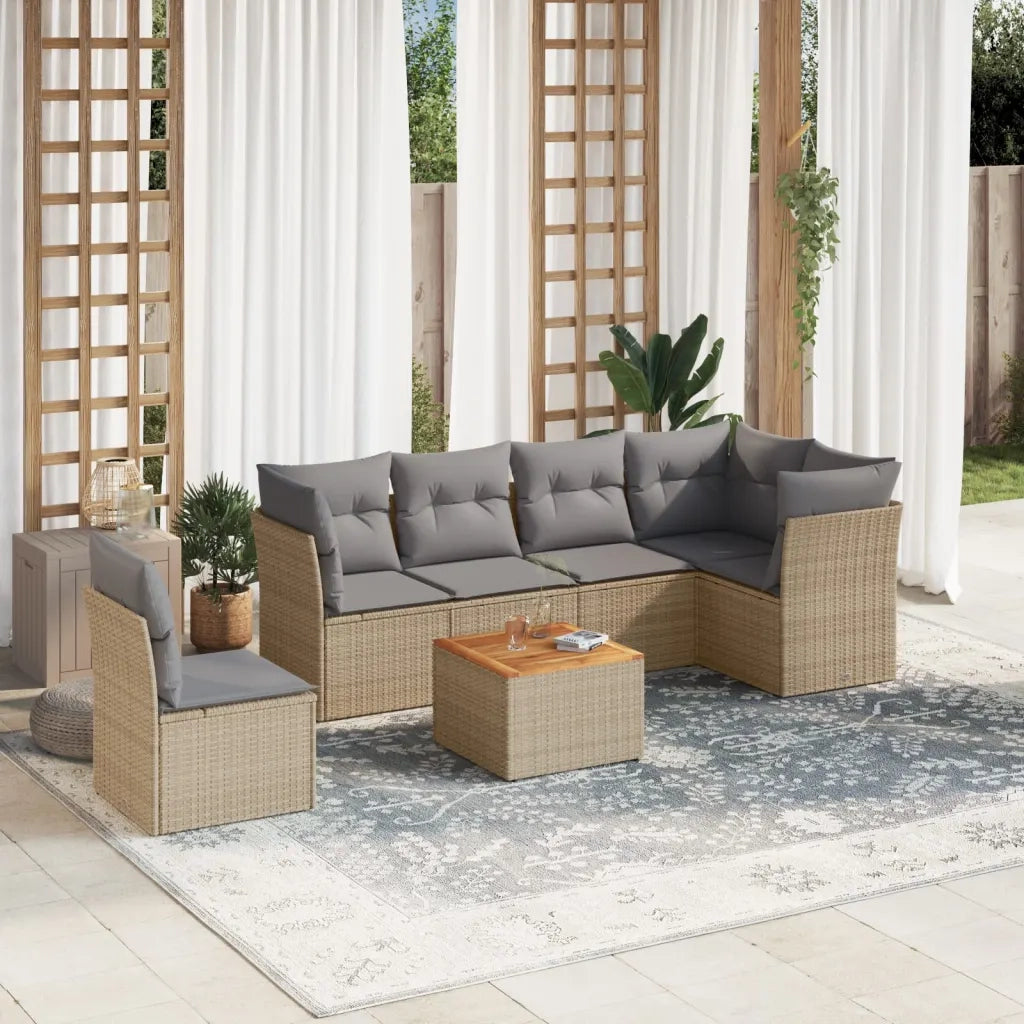 Set Divani da Giardino 7 pz con Cuscini Beige in Polyrattan
