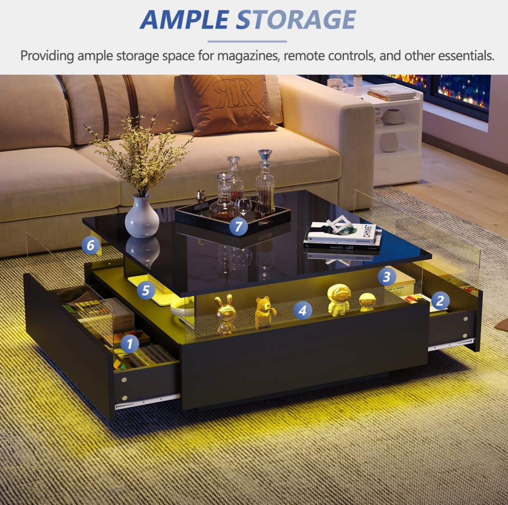 Tavolino da salotto moderno 70x70x41 cm nero in truciolare con LED; 2 cassetti e vano trasparente