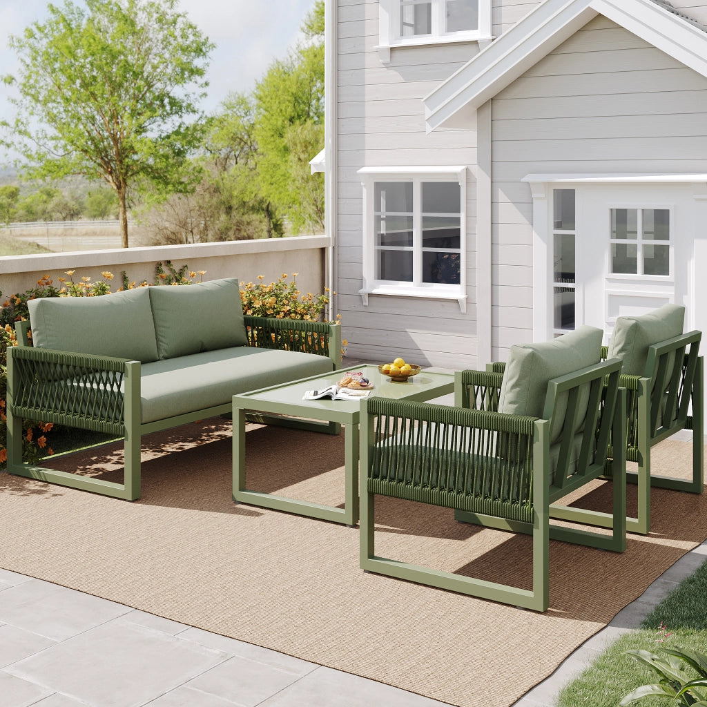 Set Lounge da Giardino 4 Pezzi in Corda con Tavolo in Vetro e Cuscini ¨C MINIMAL ¨C Verde