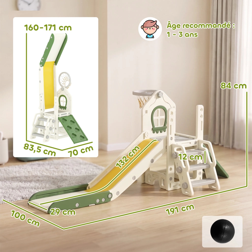 Scivolo per Bambini Pieghevole 5 in 1 con Canestro da Basket e Contenitore, per Casa, Crema