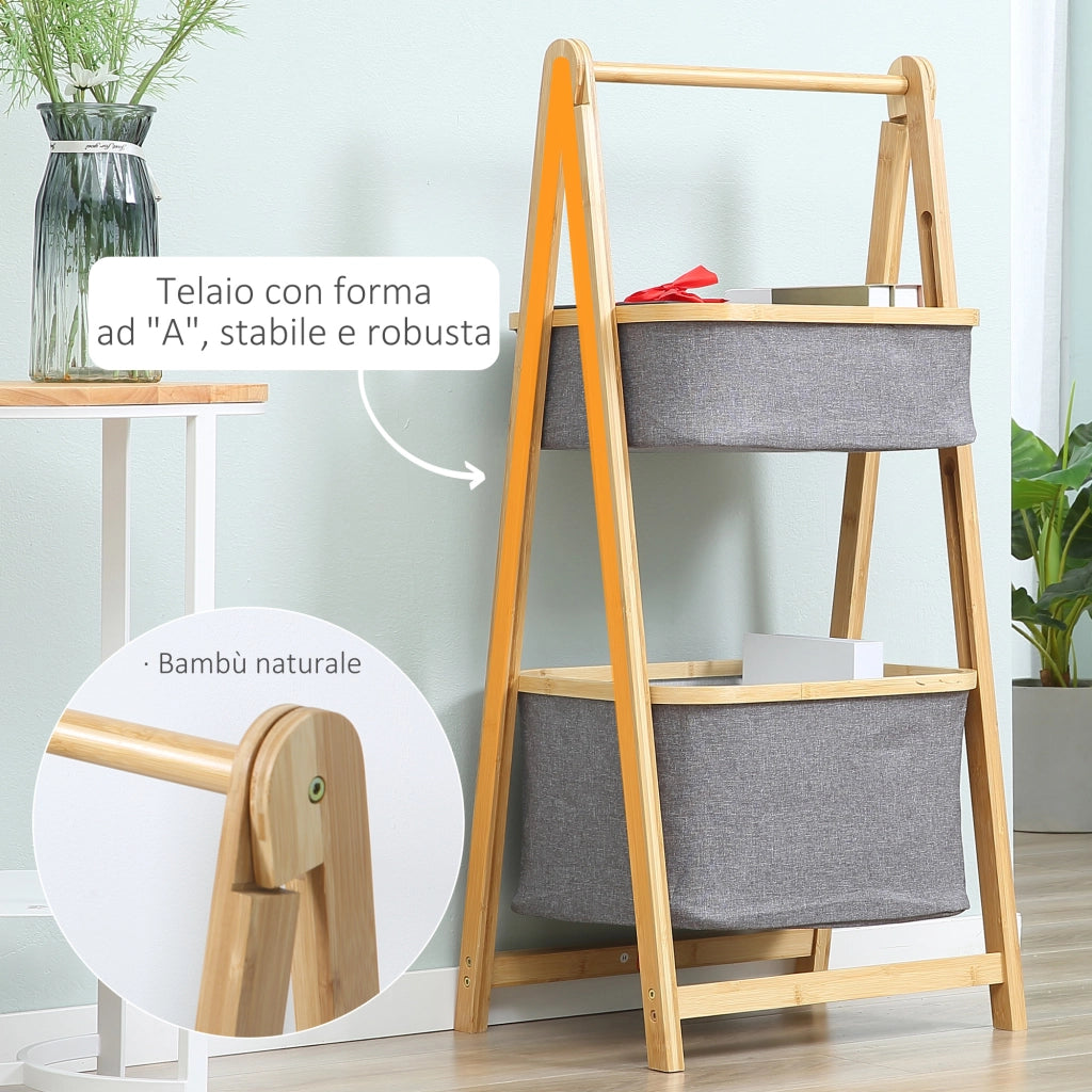 Easycomfort Mobile Bagno Pieghevole in Bambù con 2 Cassetti in Tessuto Poliestere Grigio, 45x35x98cm