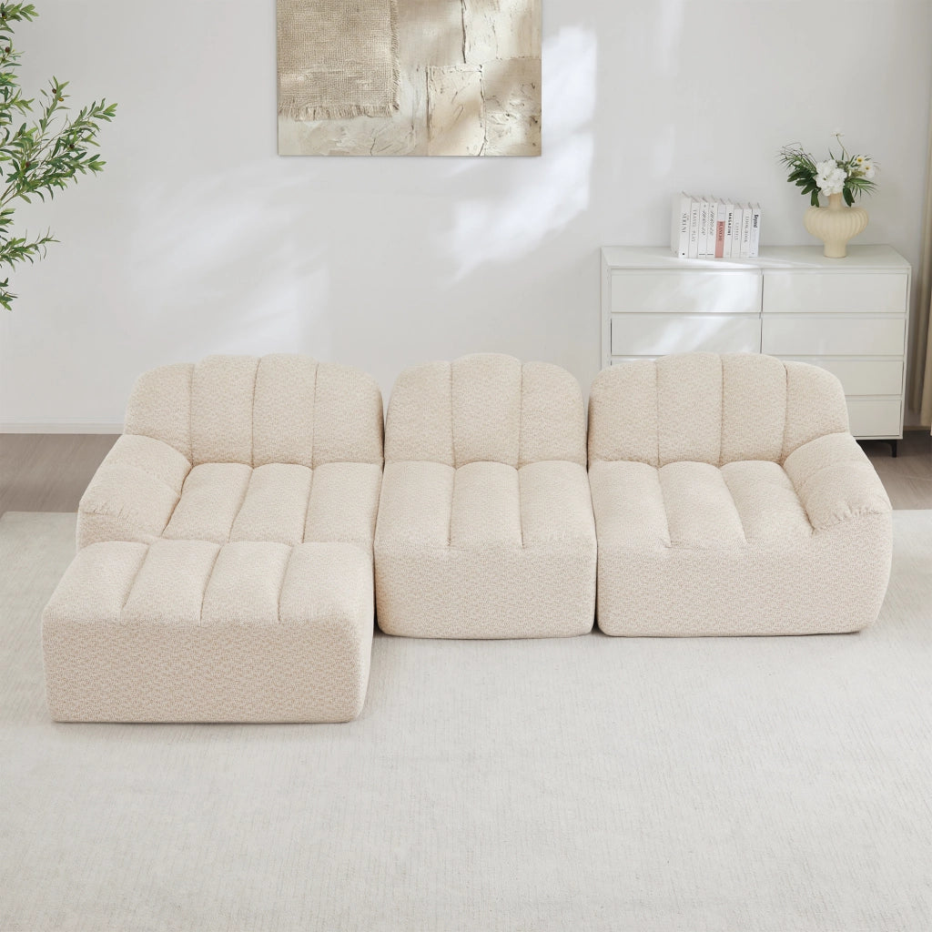 Divano modulare ad angolo con seduta profonda e pouf, per soggiorno, in pile granulato beige bianco 288 × 165 × 79 cm