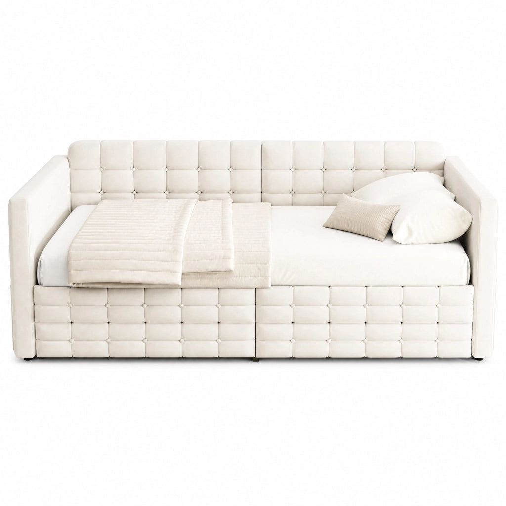 Letto imbottito 90x190 cm con contenitore, tasche laterali, 2 cassetti, tessuto effetto velluto, beige