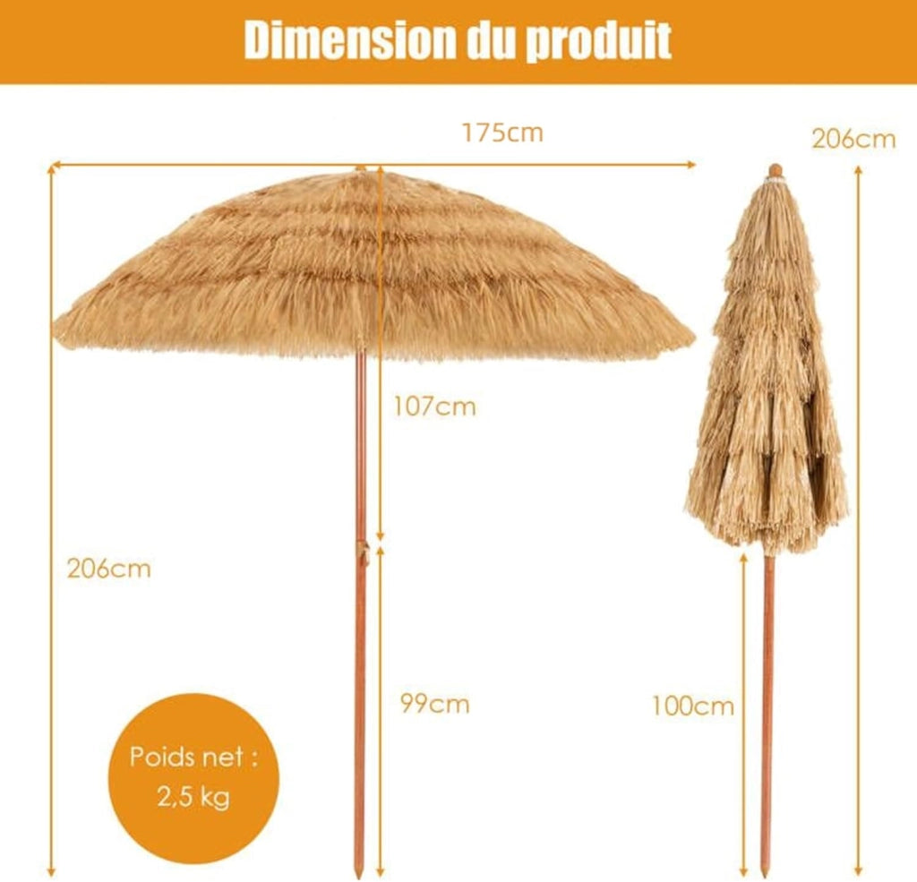 Ombrellone da Spiaggia 200 cm, Parasole Hawaiano, Antivento, Impermeabile, Anti UV, Ombrello in Paglia Pieghevole e Portabile, Ombrello in Rafia per Giardino, Balcone, senza Base, Giallo