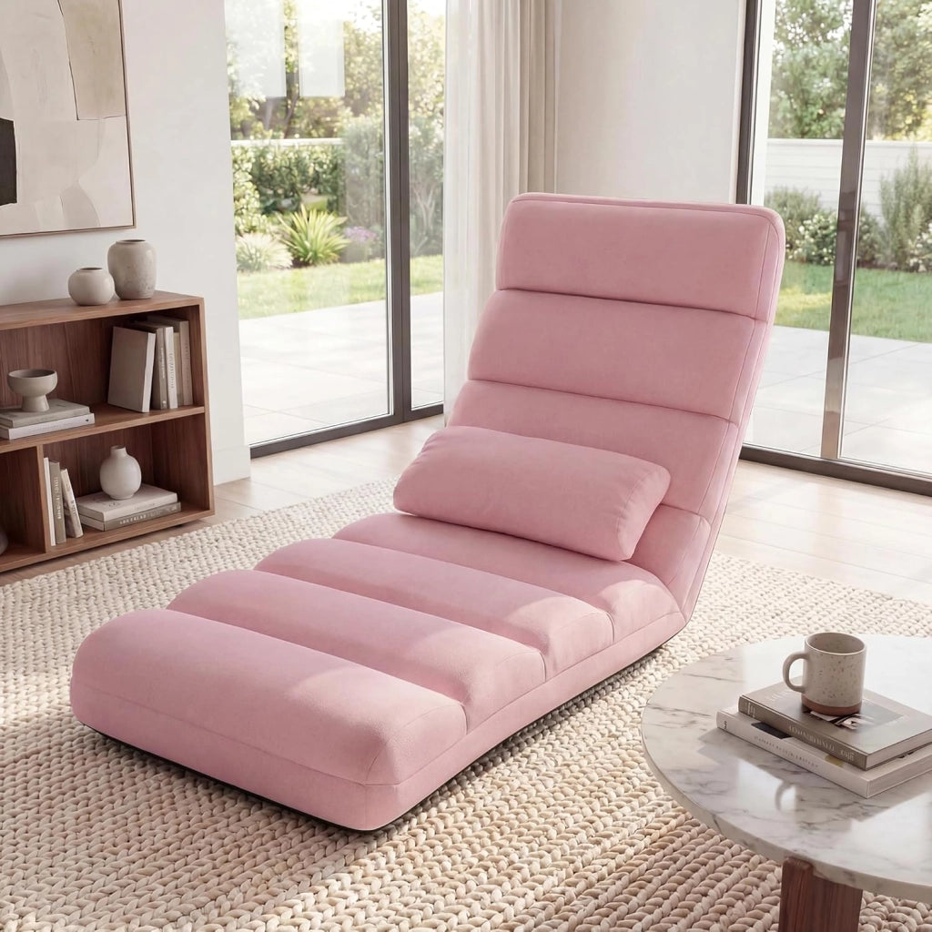 Poltrona Relax, Sedia Pieghevole da Pavimento, Divano Letto da Terra con Cuscino e Schienale Regolabile in 5 Posizioni, Sedia Imbottita Relax per Soggiorno, Camera da Letto (Rosa)