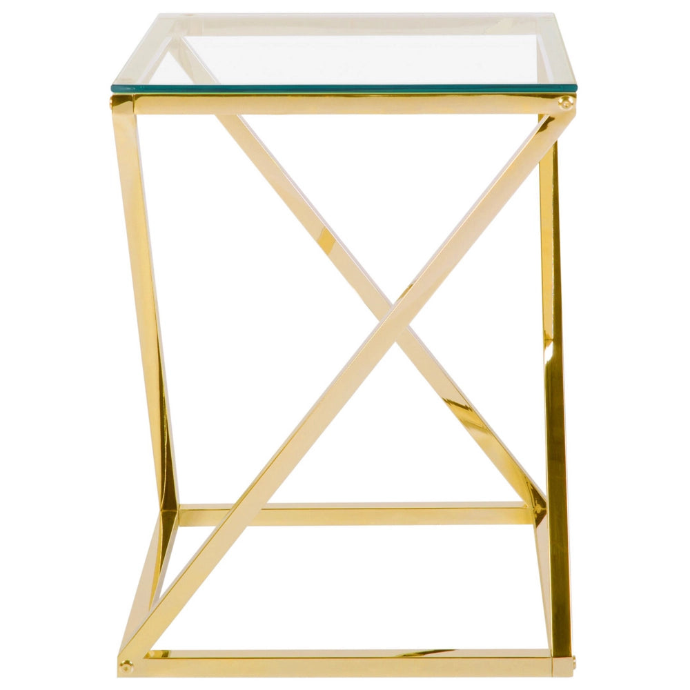 Tavolino dorato Struttura In Acciaio Vetro Piano Quadrato Geometrico Glam Design