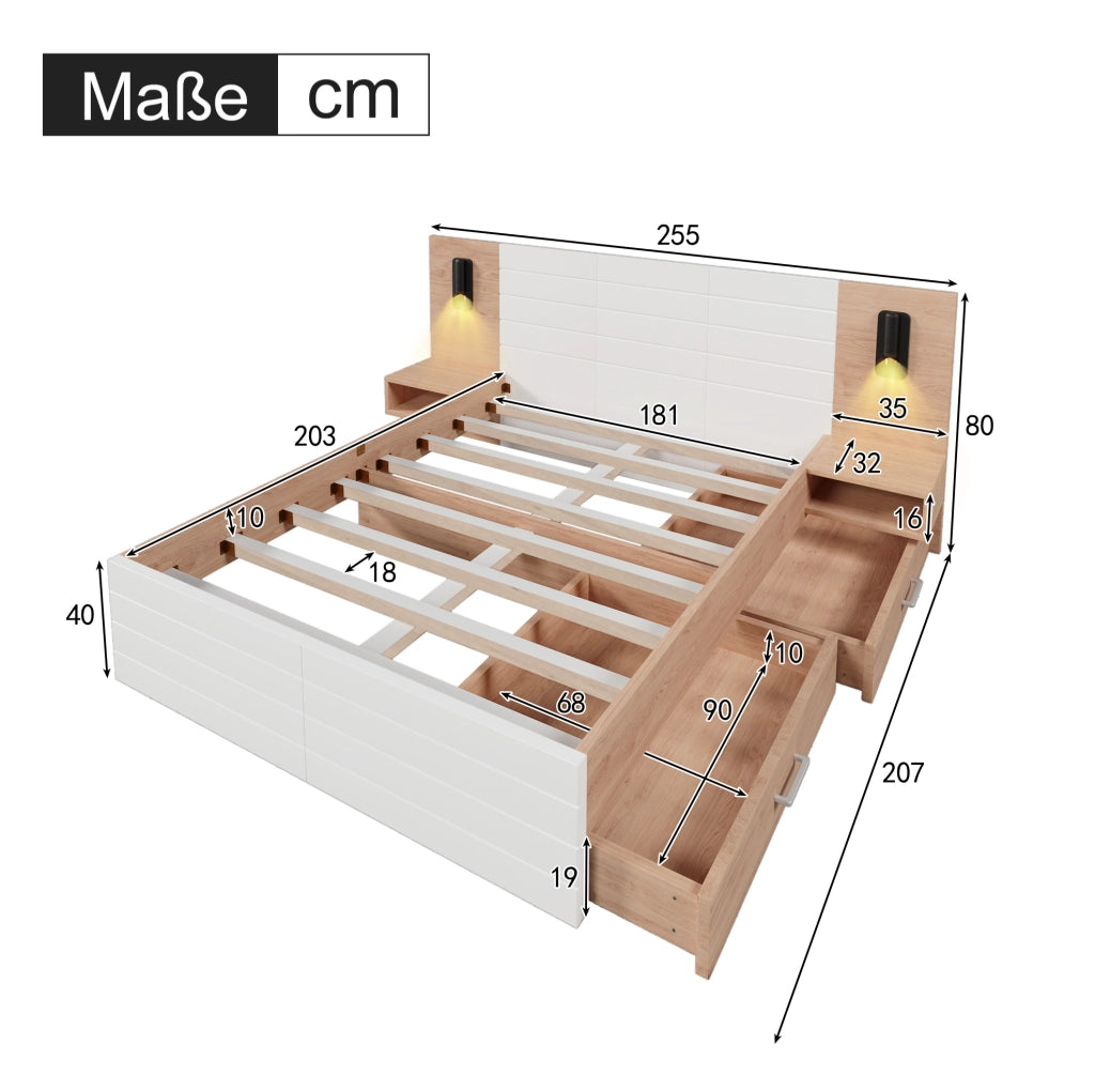 Letto matrimoniale 180x200 cm con 2 cassetti e 2 comodini; luce da lettura 360° e USB; bianco/rovere