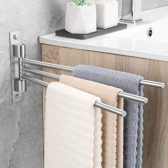 Supporto per asciugamani 180° girevole a 3 braccia con supporto per asciugamani per parete in acciaio inossidabile 304 con finitura argentea per bagno e cucina