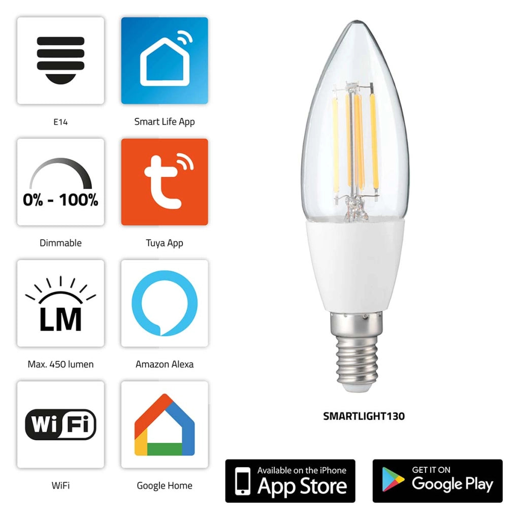 SMARTLIGHT130 Lampada a filamento intelligente a LED 4,5W E14 Wi-Fi Alecto Trasparente Alecto