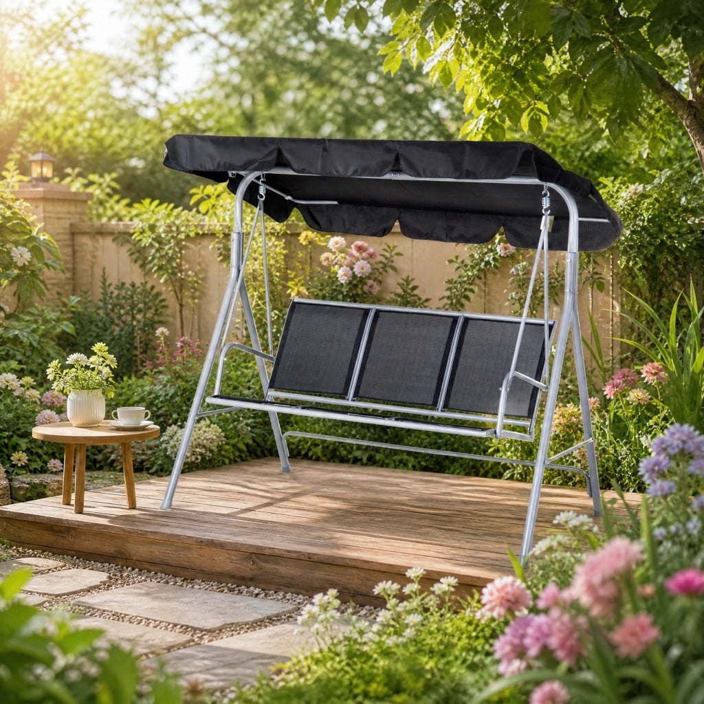 Dondolo da giardino 3 posti con tettuccio grigio 171x108x154 cm