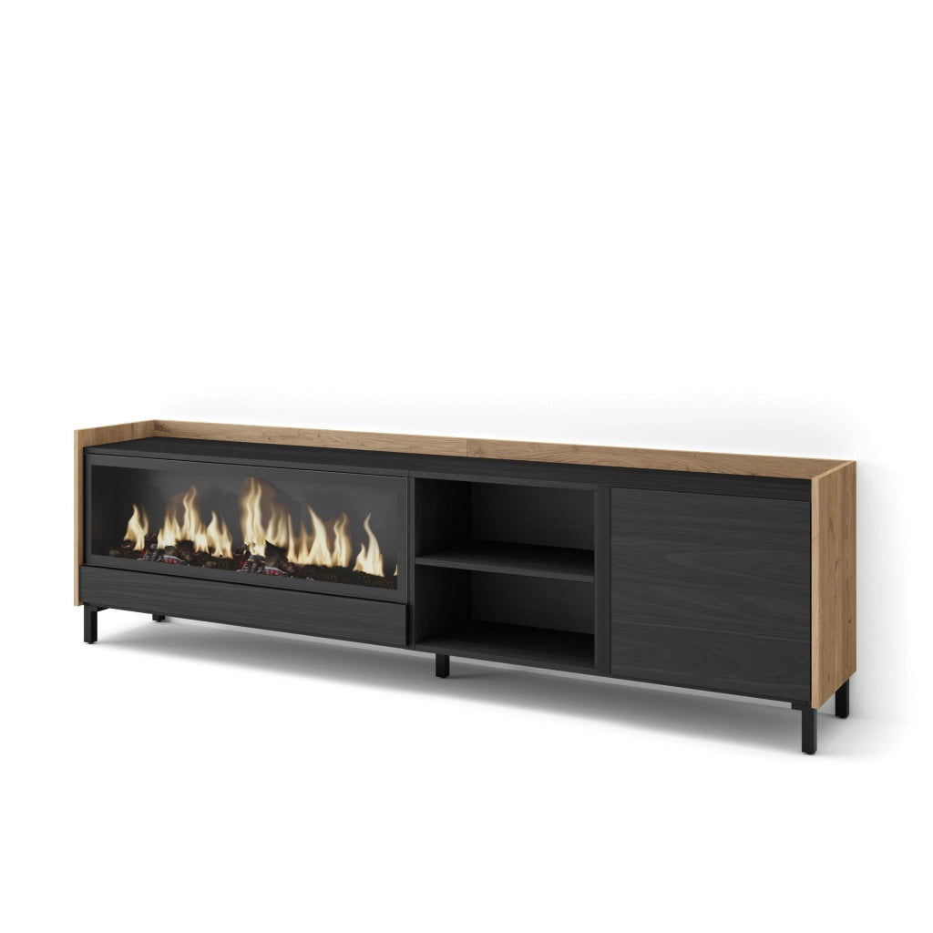 Mobile TV Soggiorno, 212x61x35 cm, Per TV fino a 80", Camino elettrico XXL, Design industriale, Nero e rovere