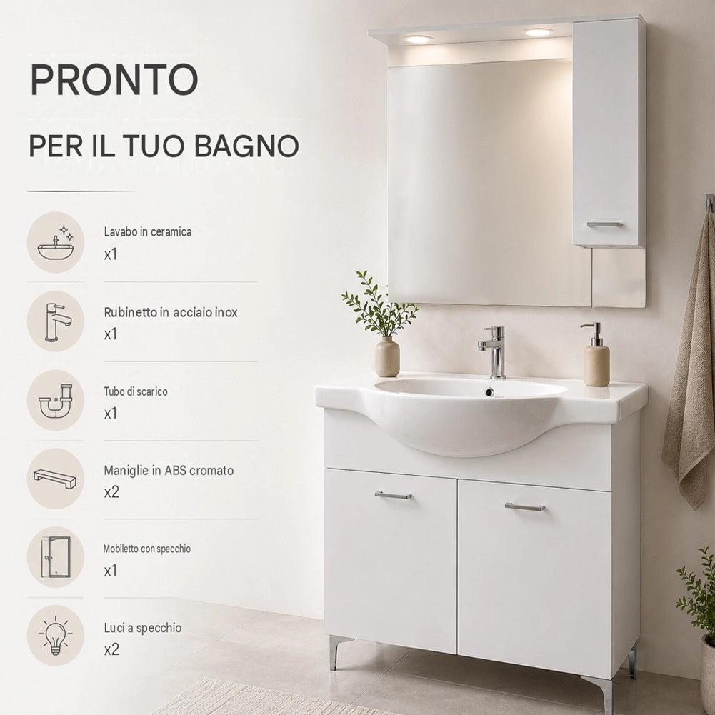 Set Completo Mobile da Bagno da Terra 85 cm con Due Ante Bianco Specchio e Accessori