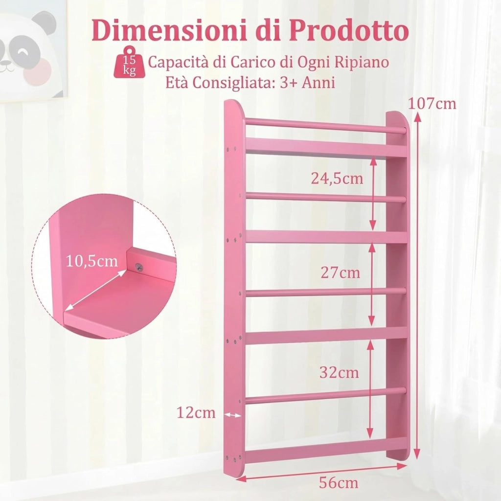 Libreria da Parete per Bambini, Scaffale Portaoggetti a 4 Livelli con Barre di Protezione e Bordi Rialzati, Libreria Salvaspazio per Cameretta per Bambini 3+ Anni, 56 x 12 x 107 cm (Rosa)