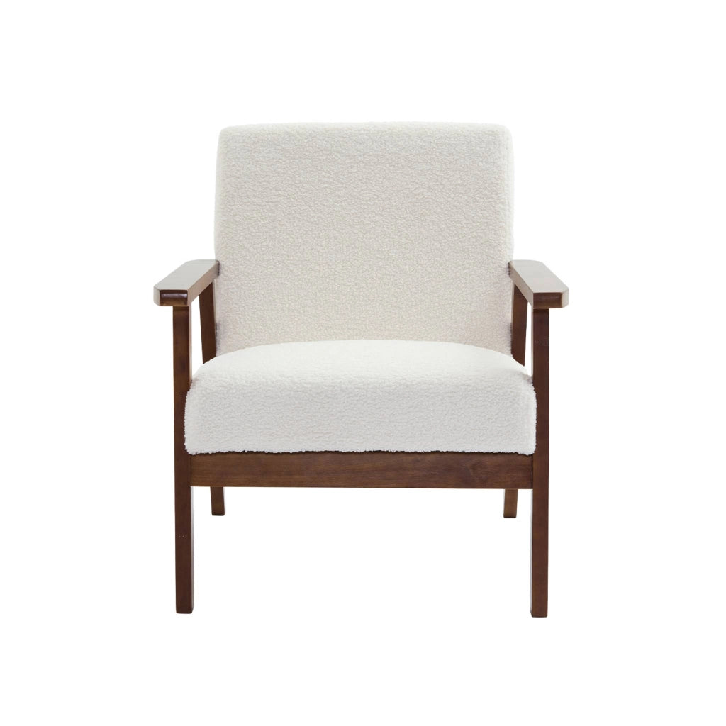 Poltrona scandinava bouclé in legno di hevea tinto noce chiaro, bouclé