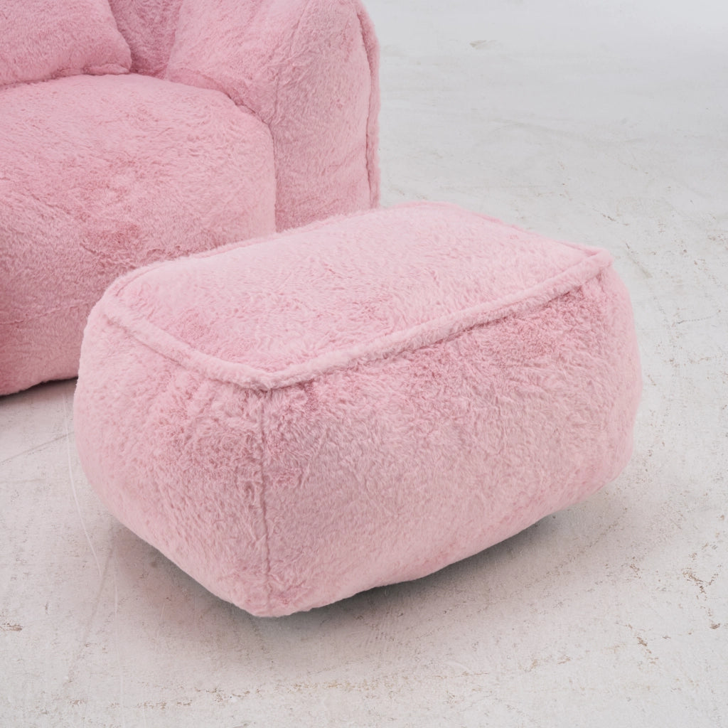 Pouf lounge ergonomico con schienale avvolgente e poggiapiedi per soggiorno e camera da letto in finta pelliccia rosa