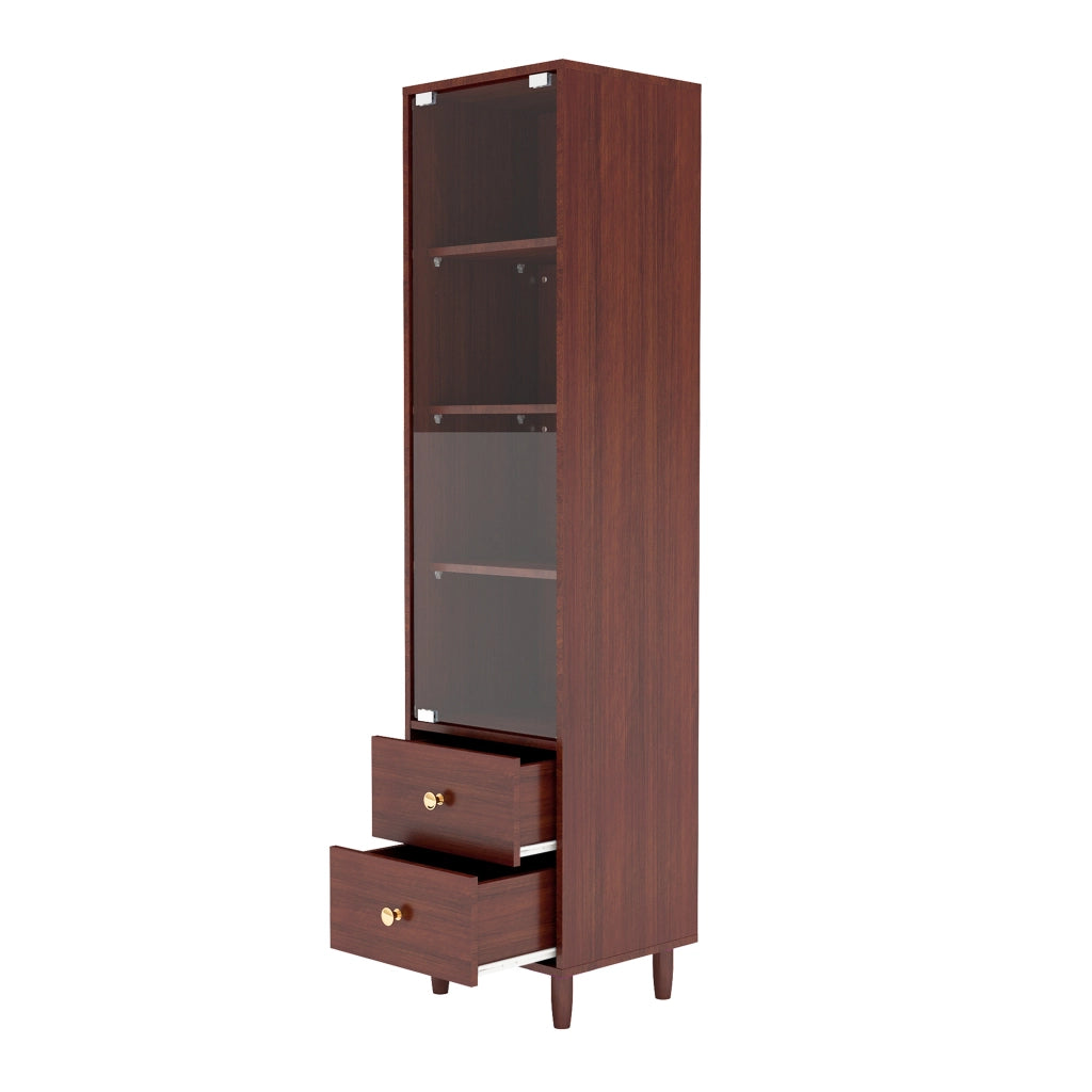 Vetrina alta con LED, anta in vetro e 2 cassetti, mobile contenitore in MDF effetto legno marrone
