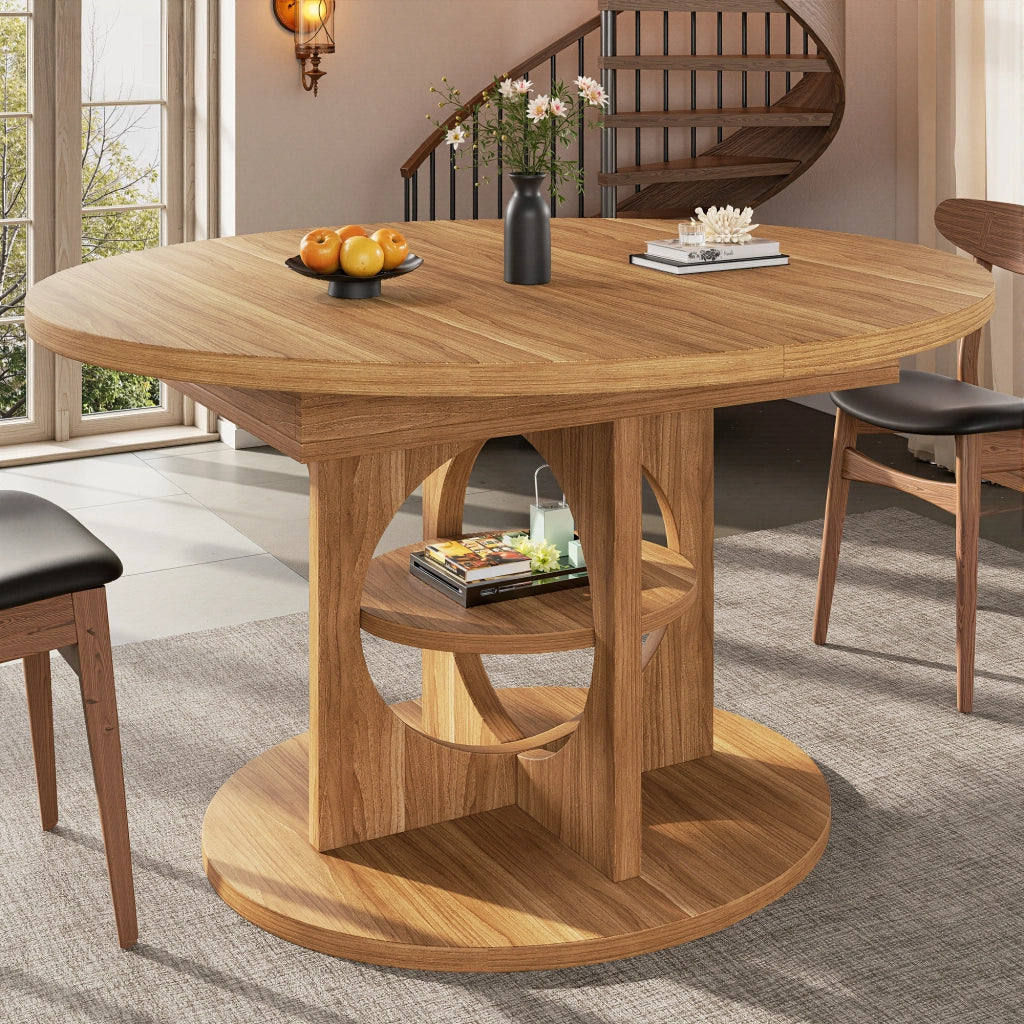 Tavolo allungabile con ripiano centrale, forma tonda e ovale, per sala da pranzo, in MDF, effetto legno stile moderno