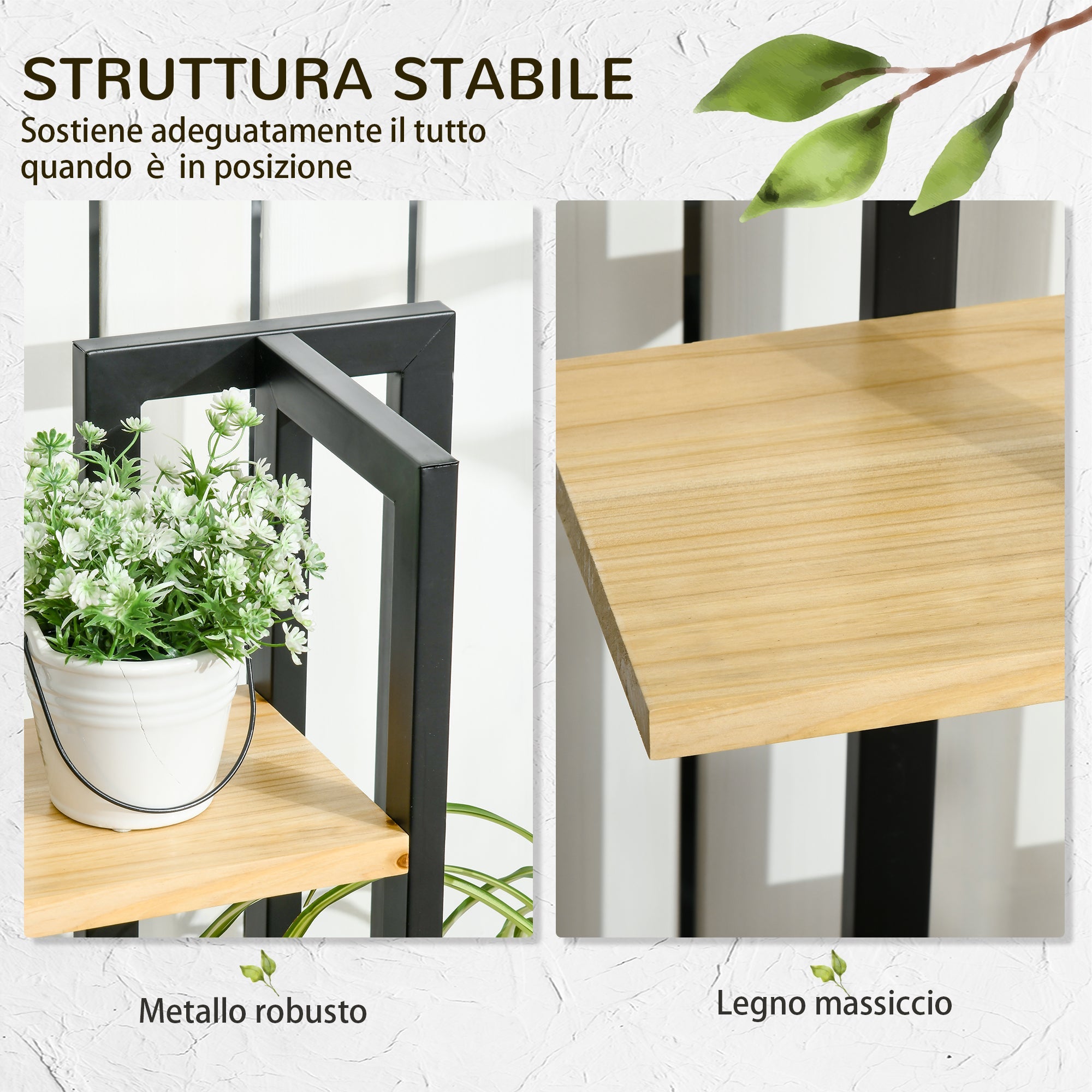 Portapiante a 4 Ripiani in Stile Industriale 45x25x110 cm in Legno di Abete e Metallo Nero