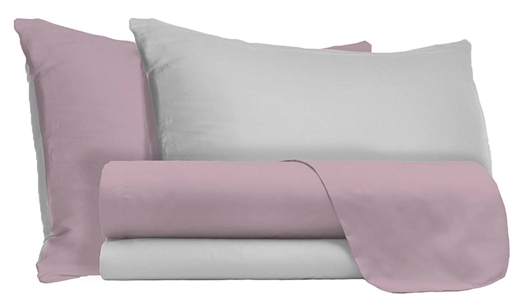Set Lenzuola 1 Piazza e Mezzo Sopra Sotto e Federe Doubleface Rosa Antico/Grigio Chiaro