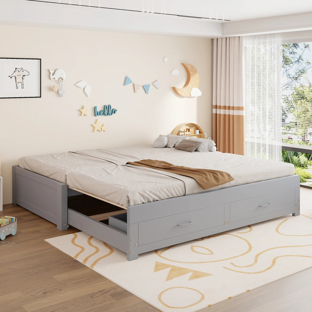Divano letto in legno estraibile 90/180 x 190 cm con 2 cassetti, rete a doghe, grigio