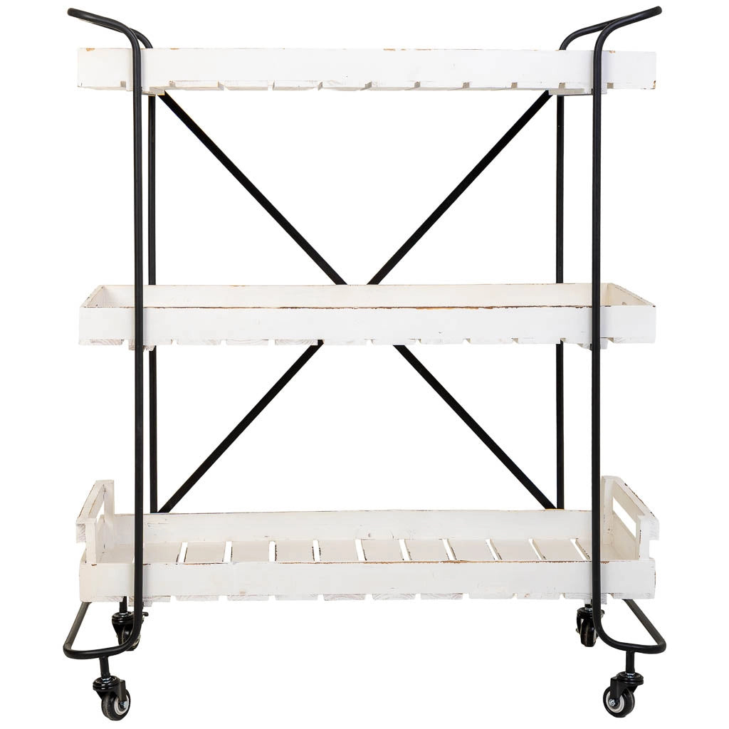 Carrello in legno bianco con 3 vassoi 89x38x110h cm