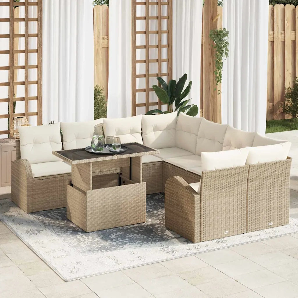 Set Divano da Giardino con archiviazione 9 pcs Beige polyrattan 3348617