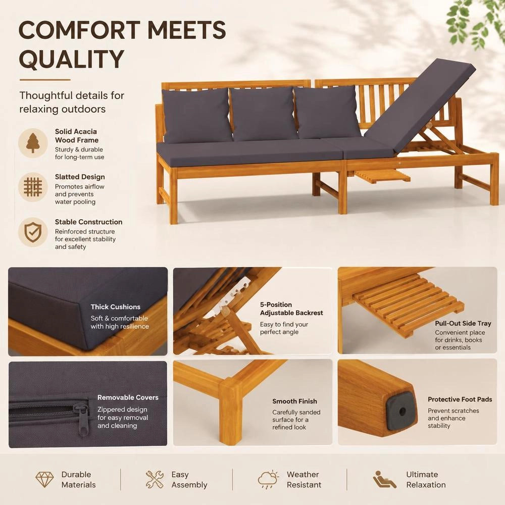 Daybed With Grey Cushions 200x60x75 Cm Solid Acacia Wood