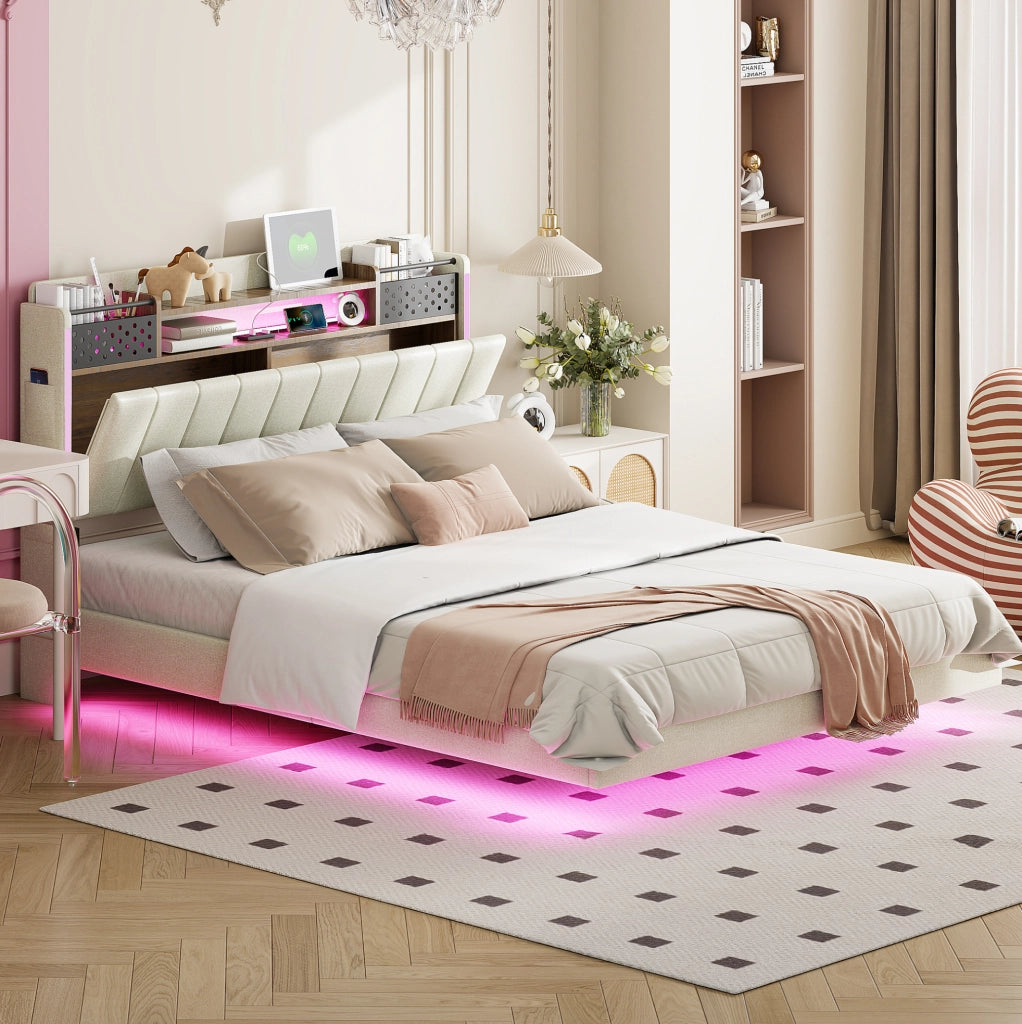 Letto imbottito 140x200 cm beige con LED, USB e contenitore