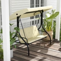 Dondolo da Giardino 3 Posti con Tettuccio Regolabile, in Metallo e tessuto Teslin, Beige e Nero