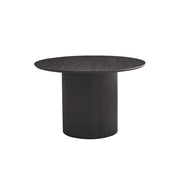 Tavolo da pranzo rotondo VAGOS effetto legno marrone scuro, ideale per una sala da pranzo accogliente.