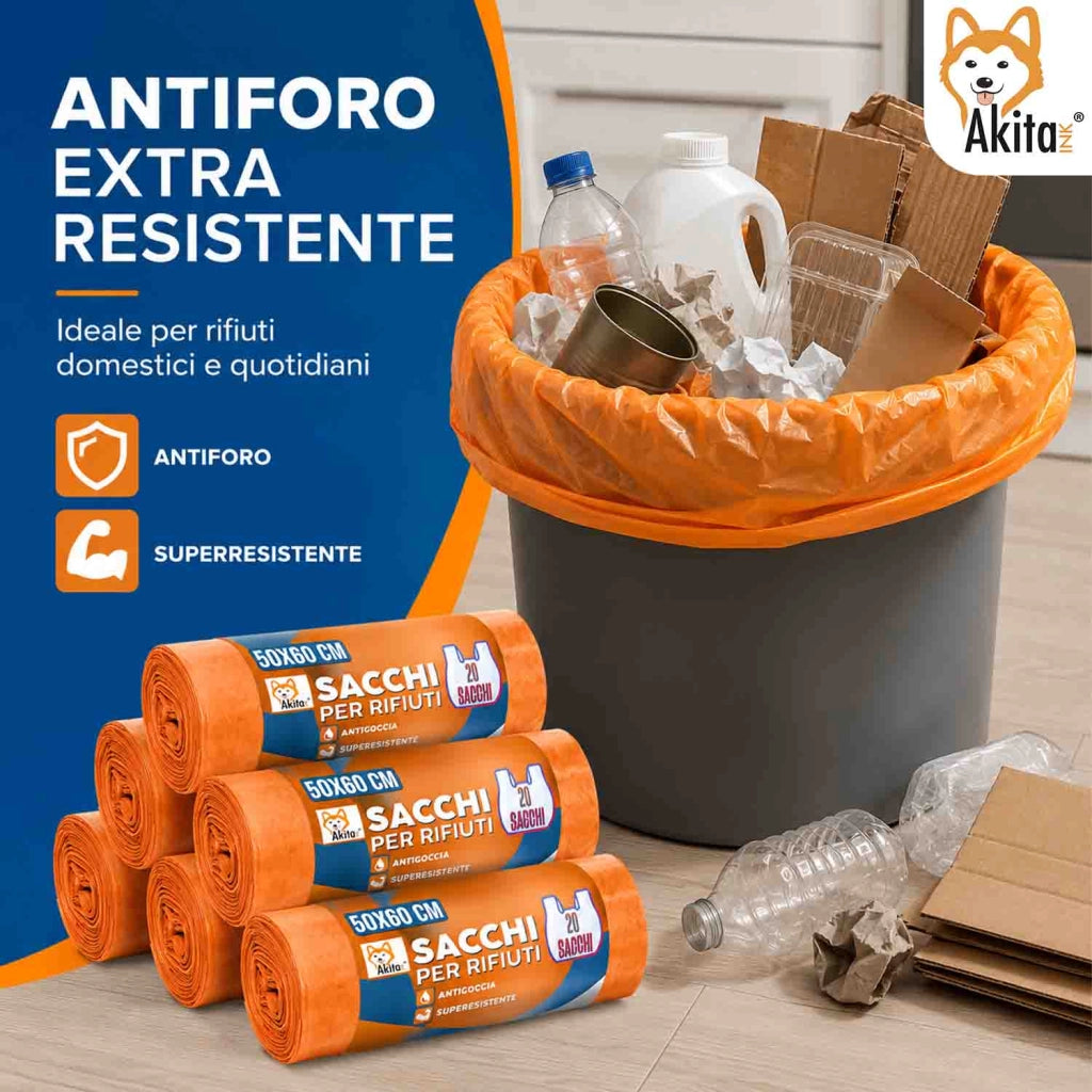 Akitaink 120 Sacchi Spazzatura 50x60 Arancio con Legacci