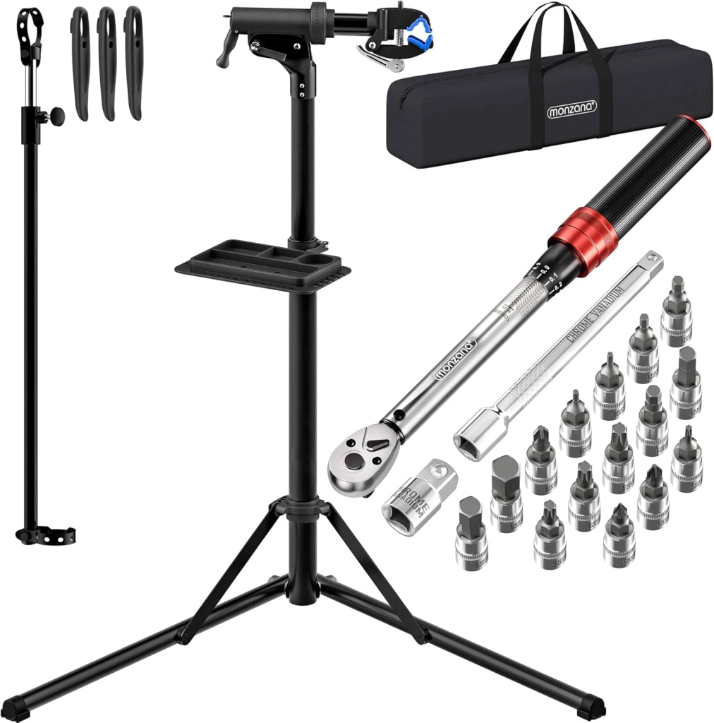 MONZANA® Cavalletto Manutenzione Supporto Bici 50 kg Montaggio Bicicletta Riparazione Mtb con Set Chiavi Dinamometriche da 1/4 per E-bike Pieghevole