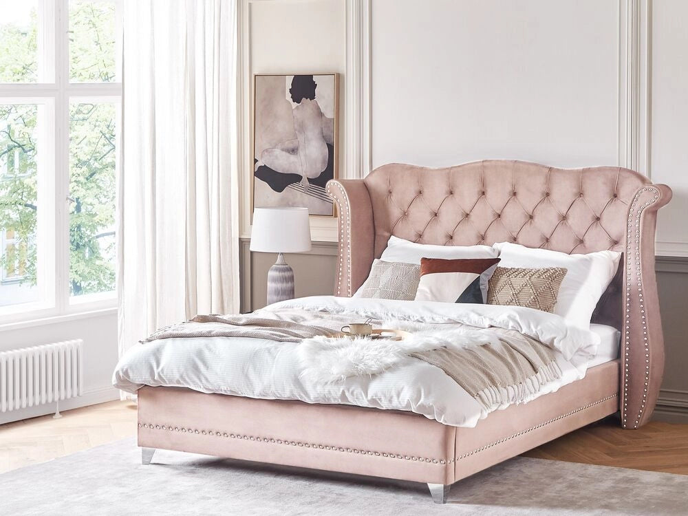 Letto in velluto color rosa 180 x 200 cm testiera alta decorata con bottoncini stile retrò e tradizionale