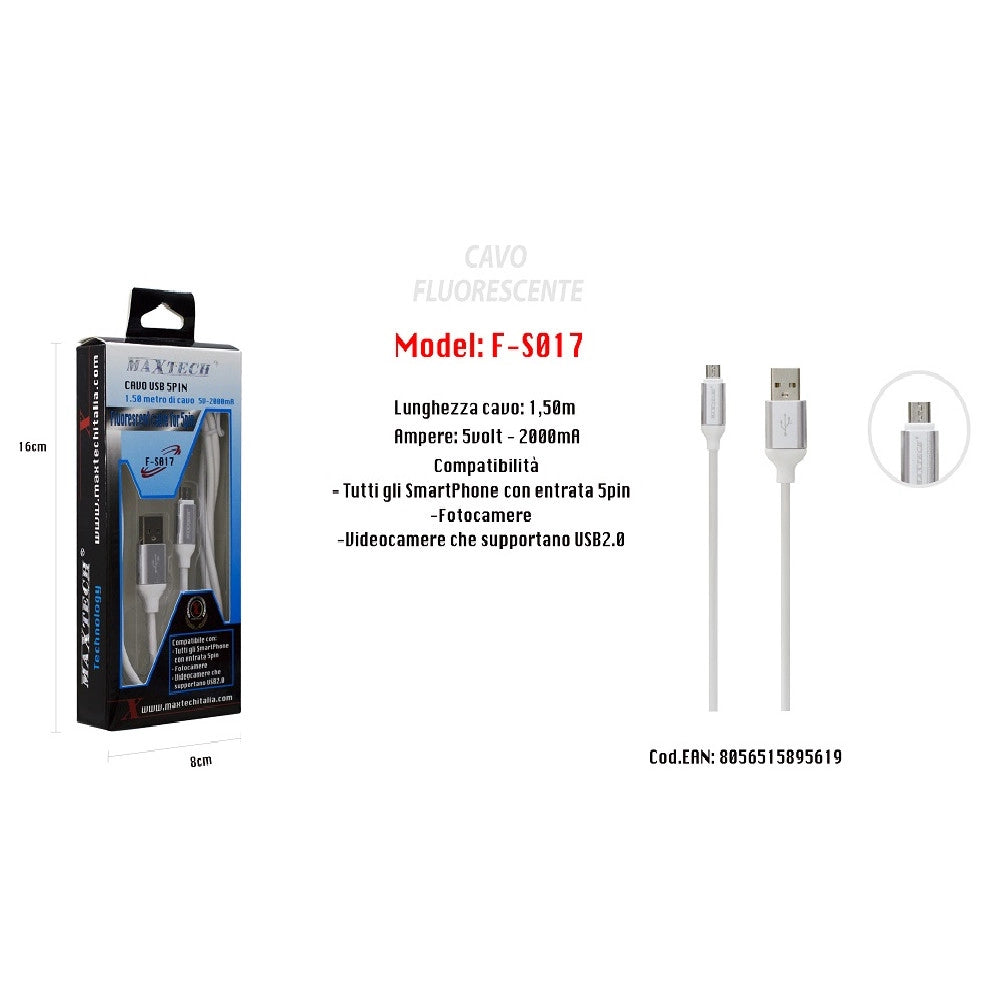 Trade Shop - Cavo Fluorescente Ricarica Per Smartphone 5pin 1,50mt 5volt - 2000ma Maxtech F-s017 -
