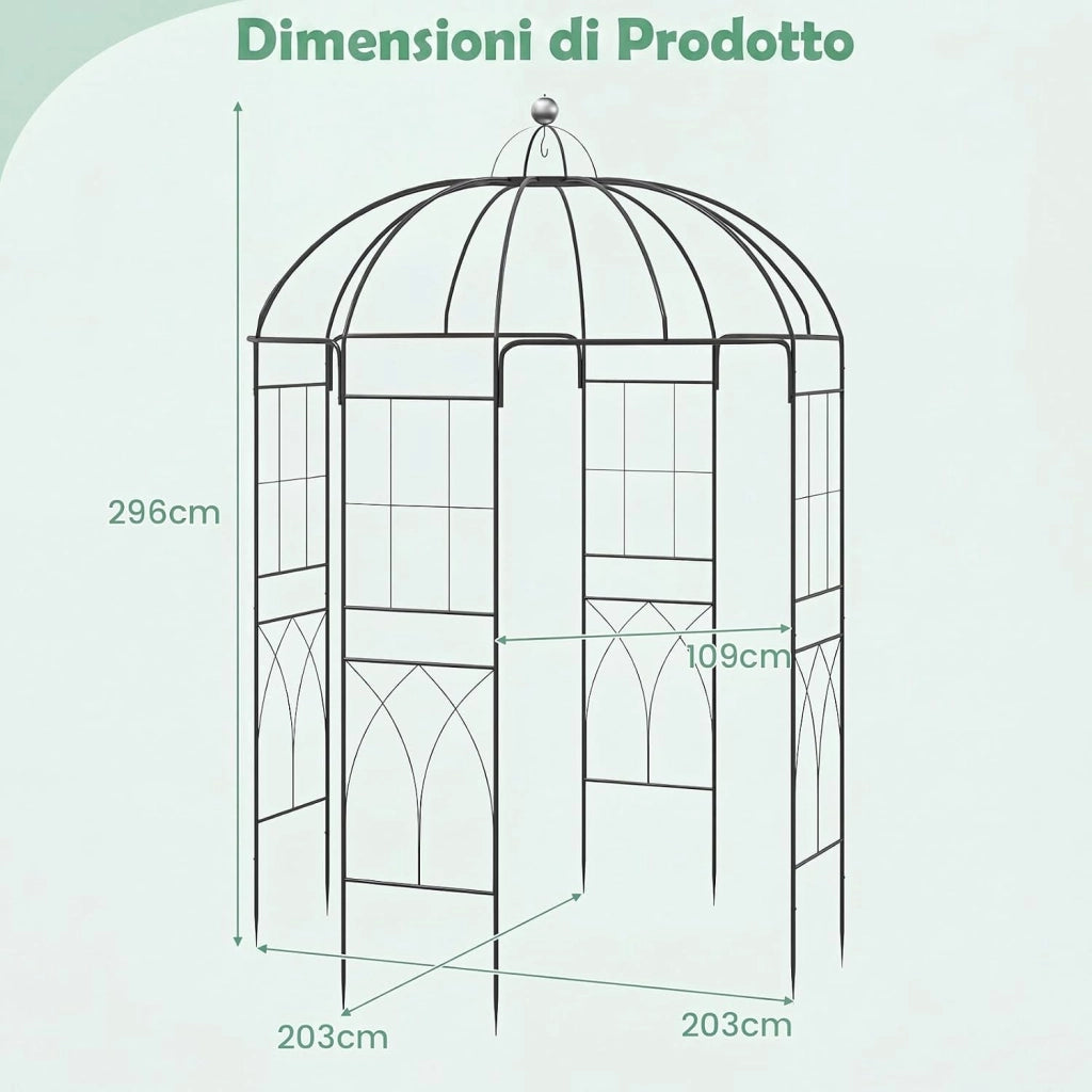 Pergolato da Giardino a Forma di Gabbia, Traliccio ad Arco in Metallo per Piante Rampicanti con Gancio e Picchetti, Gazebo da Giardino Decorativo con 4 Lati per Matrimoni, 203 x 203 x 296 cm