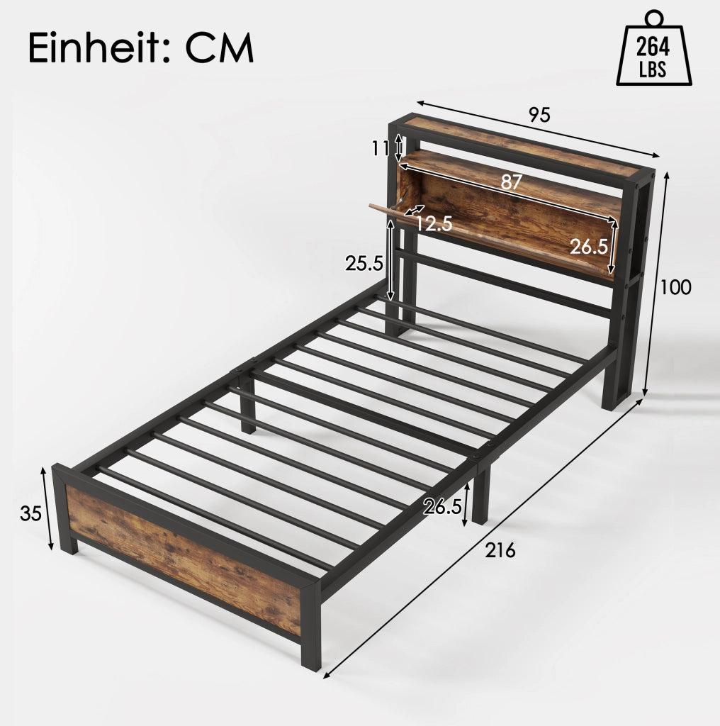 Letto singolo 90x200 cm in metallo e legno naturale con testiera contenitore e rete